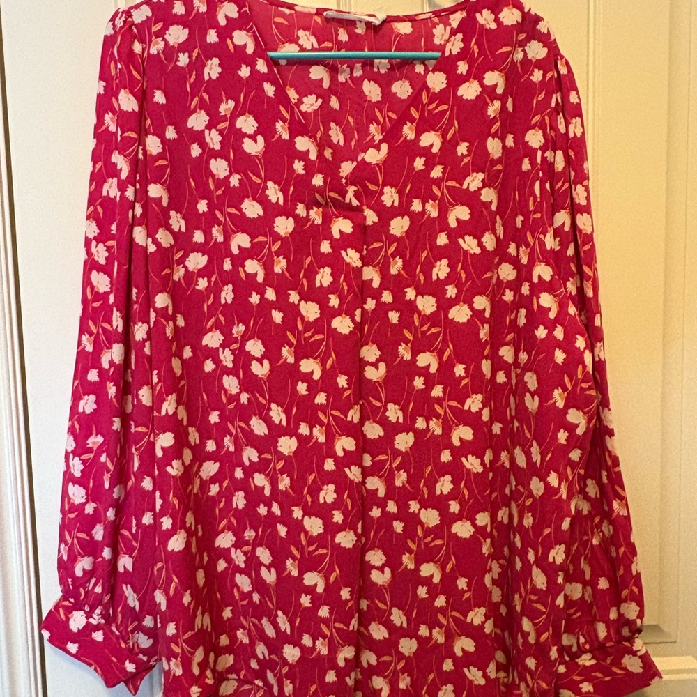 Lush Coral Red Floral Blouse V Neck Long Sleeve Flowy Top Size 2XL